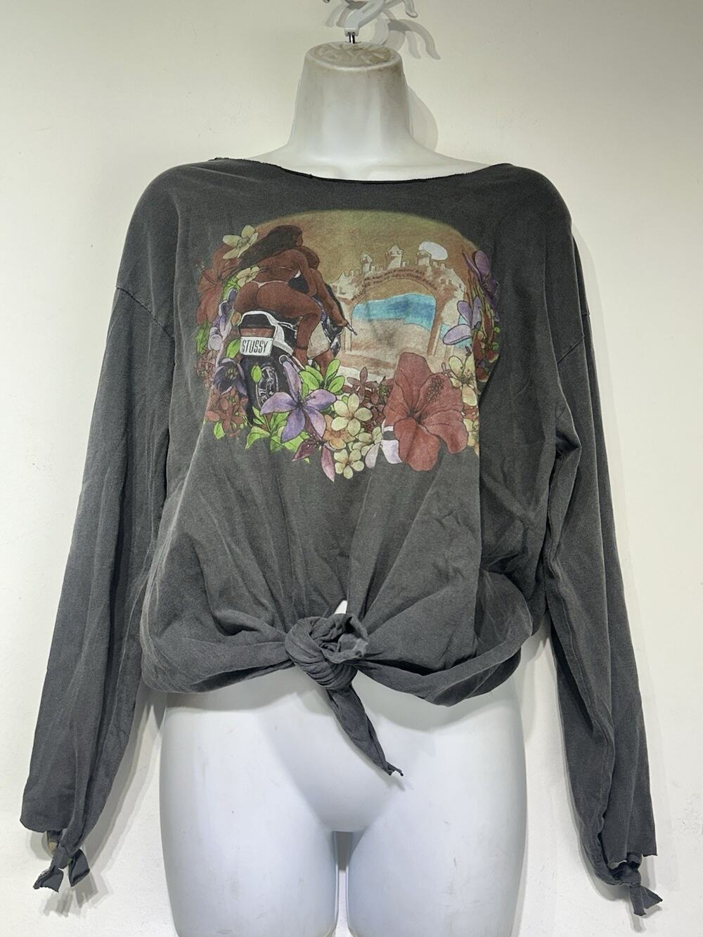 stussy Stonewashed Hawaiian Motorcycle Bikini Girl long sleeve cropped Shirt